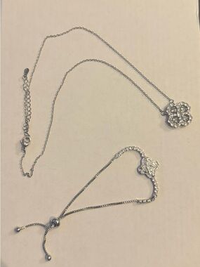 GRA Moissanite Clover Necklace and Matching Adjustable Bracelet Set - Silver